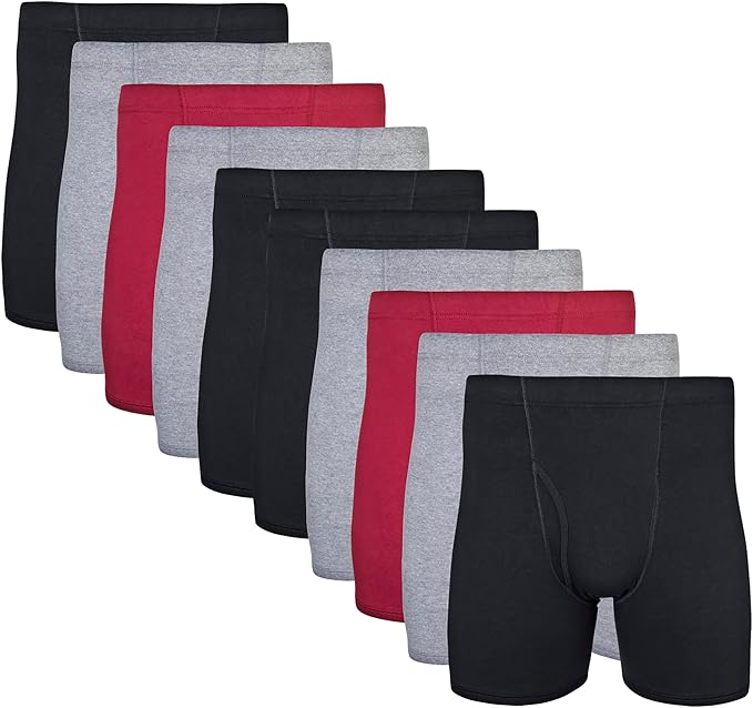 Gildan Men's Underwear Covered Waistband Boxer Briefs, Multipack, Black/Garnet/Graphite (10-Pack)